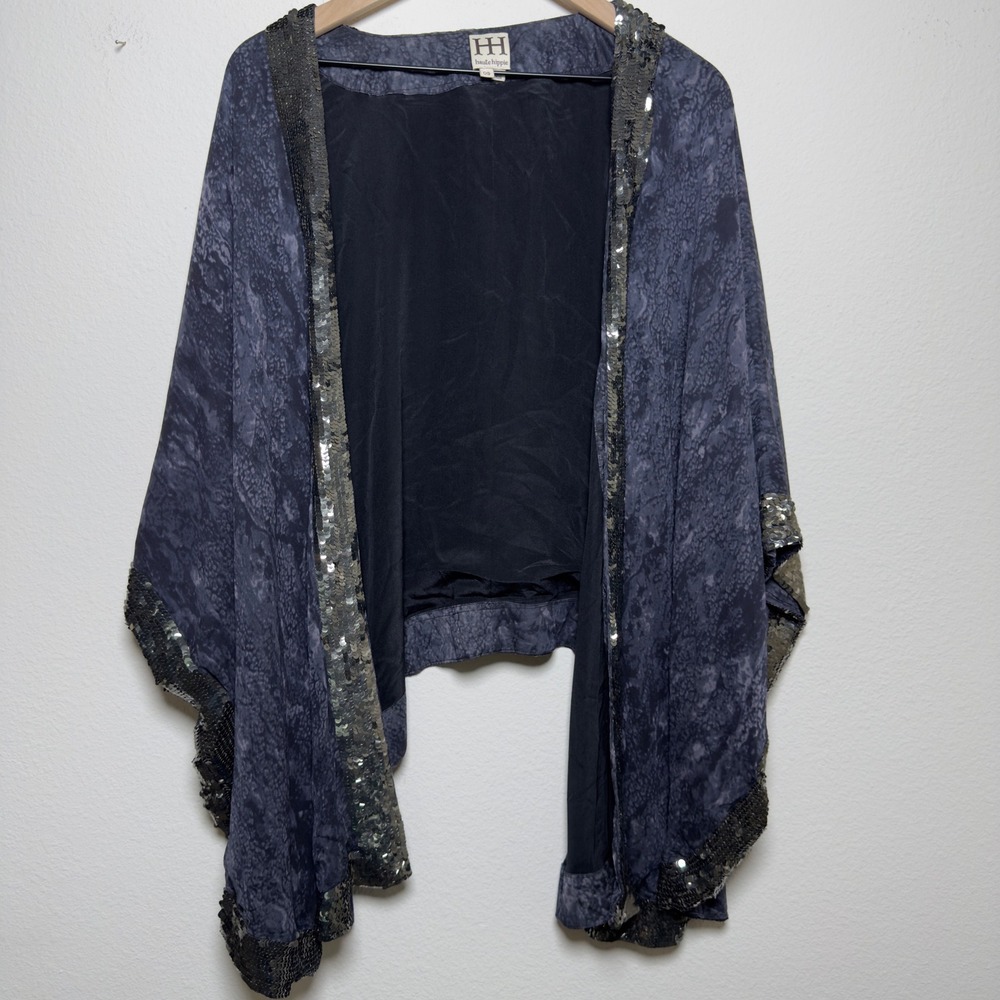 Haute Hippie Womens 100% Silk Kimono O/S Gray Sequin Open Front Wrap Shawl Arsty